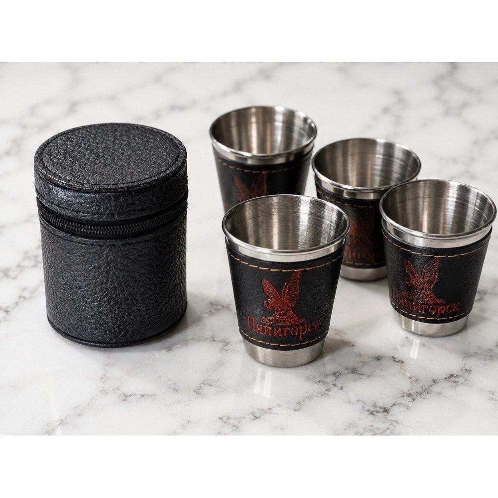 Russian Travel Shot Glass Set Black Excellent Stainless Steel 4pc